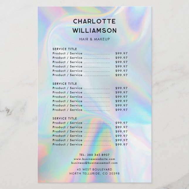 Minimalist Holographic Business Price List Flyer (Front)