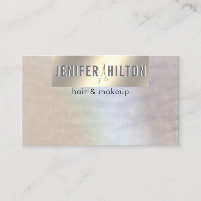 Minimalist holographic gold foil hair stylist business card (Front)