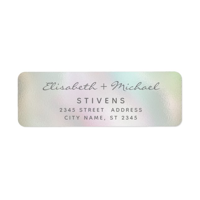 Minimalist holographic script wedding return address label (Front)