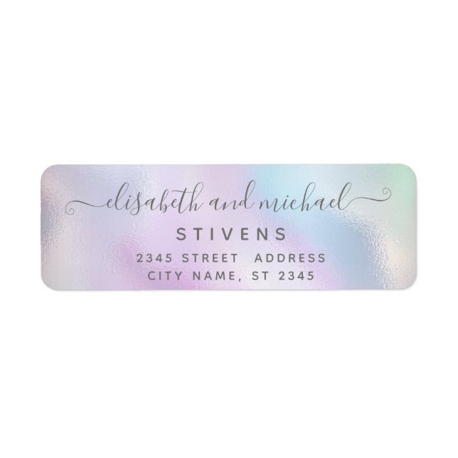 Minimalist holographic script wedding return address label (Front)