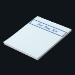 Minimalist home office handy notes navy name text<br><div class="desc">Handy Note Pad for Home or Office
Minimalist light blue pages with navy blue name box and name text
Customise with your name or text to make it special for you!
2 sizes available
You may transfer VanOmmeren designs to other Zazzle products!</div>