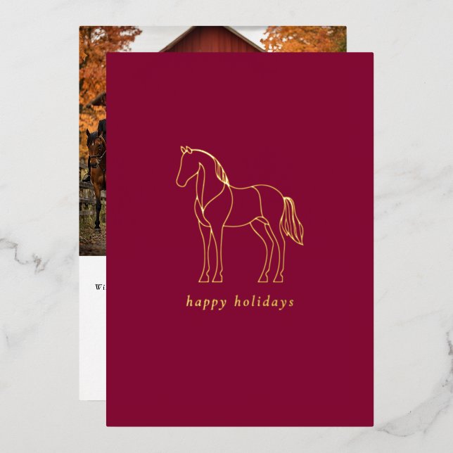 Minimalist Horse Line Drawing Purple Equestrian Foil Holiday Card (Front/Back)