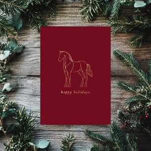 Minimalist Horse Line Drawing Red Equestrian Foil Holiday Card
