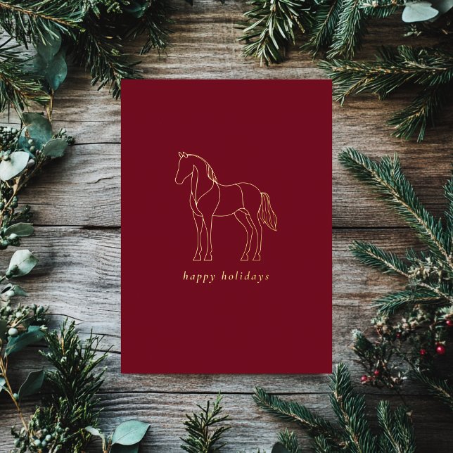 Minimalist Horse Line Drawing Red Equestrian Foil Holiday Card (Creator Uploaded)