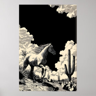 Minimalist Horse Wall Art, Desert Cacti, Ink Poster