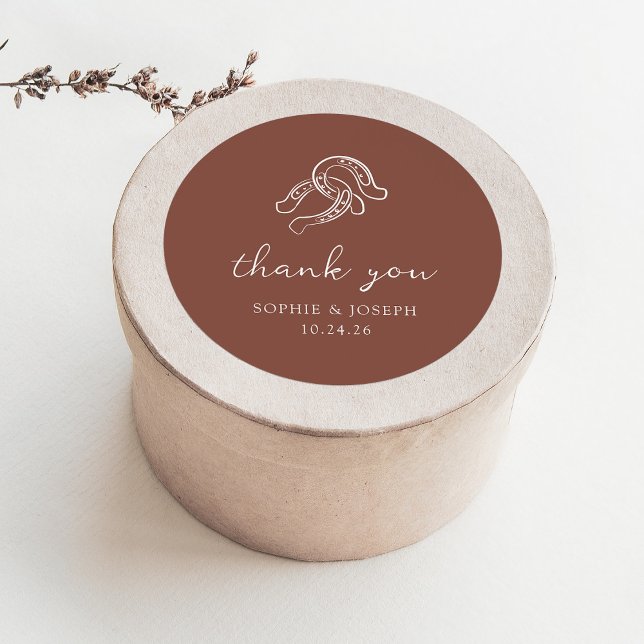 Minimalist Horseshoe | Rustic Brown Wedding Classic Round Sticker (Creator Uploaded)