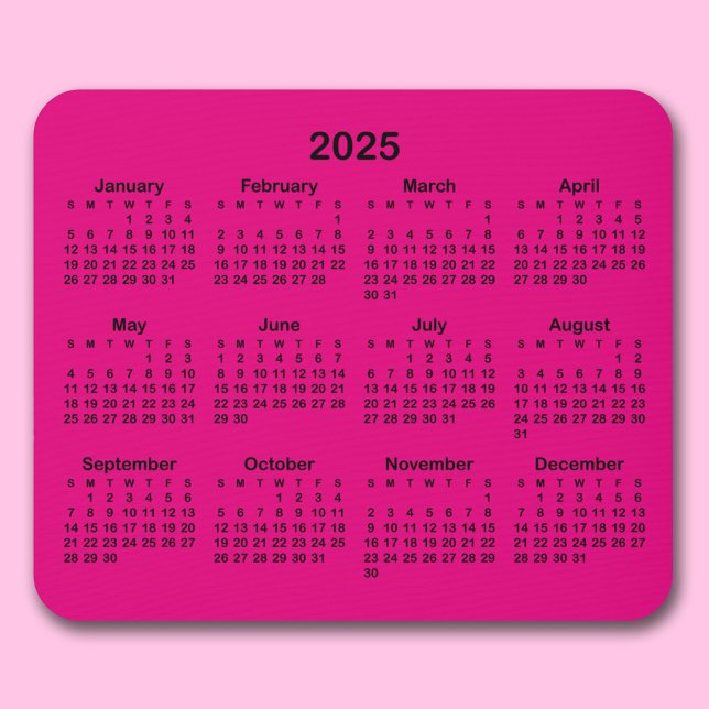 Minimalist Hot Pink and Black 2025 Calendar Mouse Pad (Minimalist Hot Pink and Black 2025 Calendar Mouse Pad)