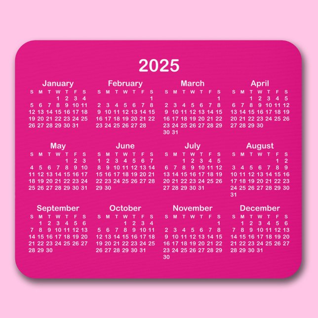 Minimalist Hot Pink and White 2025 Calendar Mouse Pad (Hot Pink Calendar Mouse Pad)