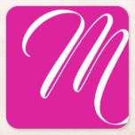 Minimalist Hot Pink And White Script Monogram Square Paper Coaster<br><div class="desc">This paper coasters features minimalist white custom script monogram on hot pink background.</div>