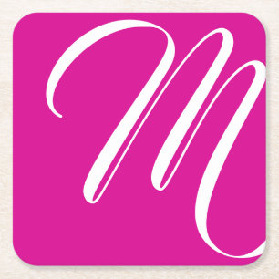 Minimalist Hot Pink And White Script Monogram Square Paper Coaster