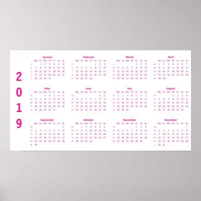 Minimalist Hot Pink Calendar 2019 Poster (Front)