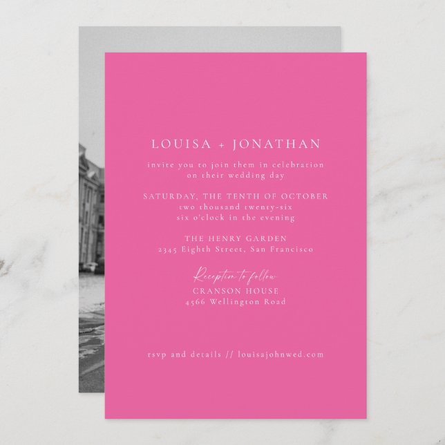 Minimalist Hot Pink Formal Script Photo Wedding Invitation (Front/Back)