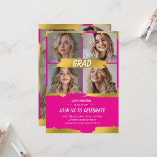 Minimalist Hot Pink Gold 4Photo Graduation Party Invitation