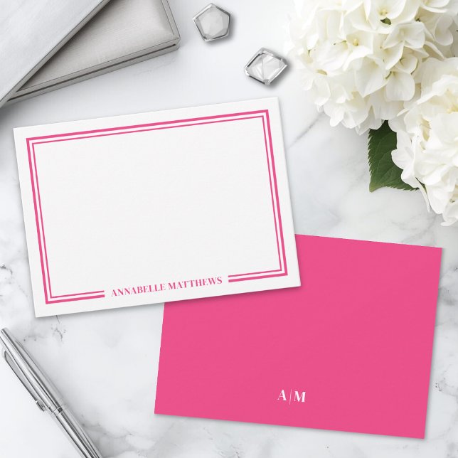 Minimalist Hot Pink Two Border Monogram Card (Minimalist Hot Pink Two Border Monogram Note Card)