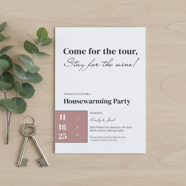 Minimalist Housewarming Invitation • Wine Quote D  (Housewarming invitation flat lay with green leaves and house keys on warm wooden table background.)