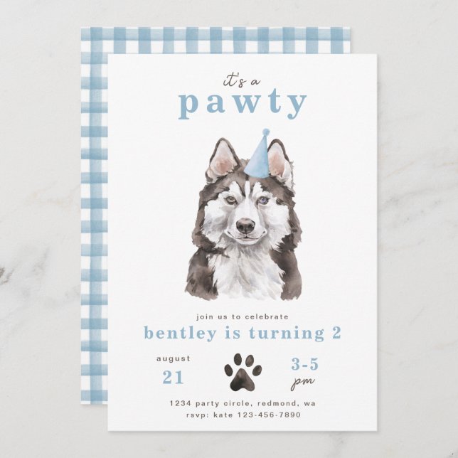 Minimalist Husky Dog Invitation | Pawty (Front/Back)