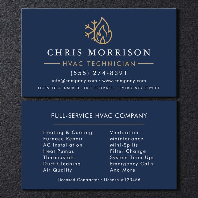 Minimalist HVAC Navy Blue Gold Modern Business Card (Creator Uploaded)
