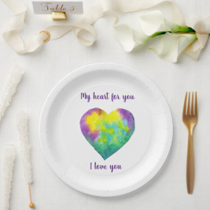 Minimalist I love you rainbow watercolor heart     Paper Plate
