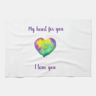 Minimalist I love you rainbow watercolor heart Tea Towel