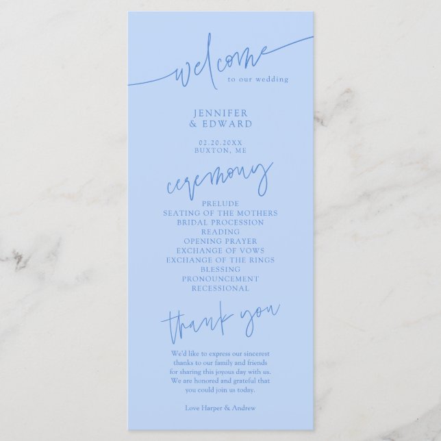 Minimalist Icy Blue Wedding Ceremony Program (Front)