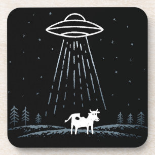 Minimalist Illustration of a UFO abducting a cow Coaster