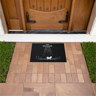 Minimalist Illustration of a UFO abducting a cow Doormat
