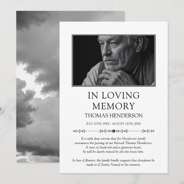 Minimalist In Loving Memory Clouds Photo Announcement (Front/Back)