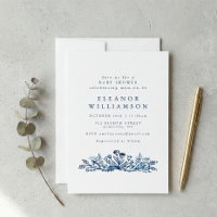 Minimalist Indigo Blue Ink Botanical Baby Shower