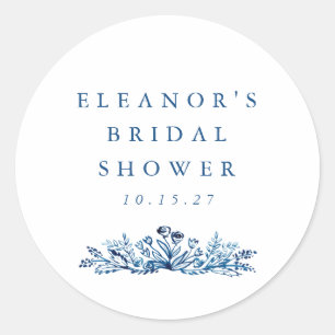 Minimalist Indigo Blue Ink Botanical Bridal Shower Classic Round Sticker