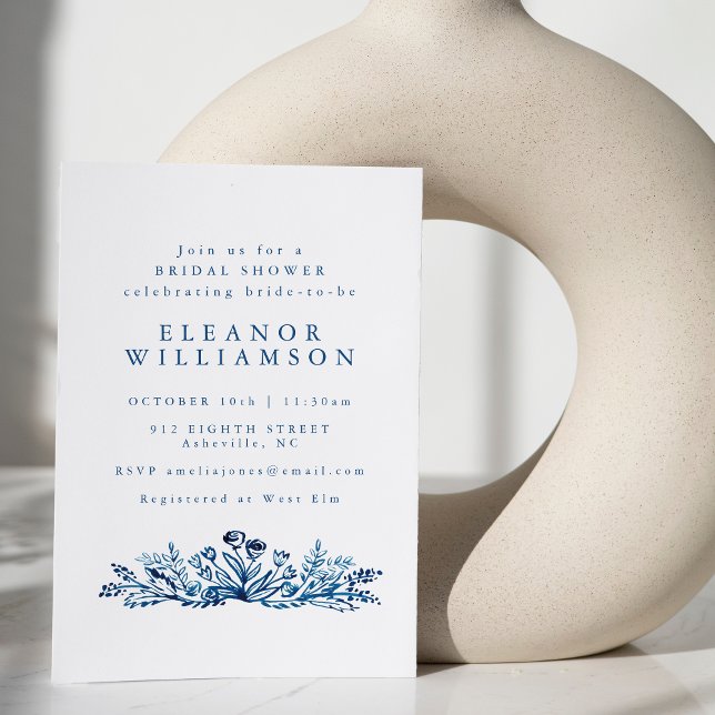 Minimalist Indigo Blue Ink Botanical Bridal Shower Invitation (Creator Uploaded)