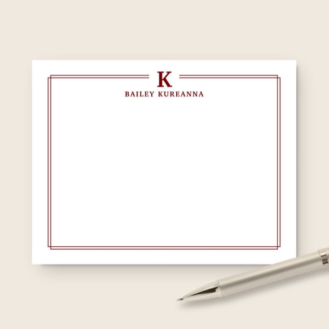 Minimalist Initial Dark Red Two Border Stationery Card (Creator Uploaded)