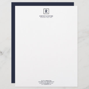 Minimalist Initial in Square Frame in Dark Blue Custom Letterhead