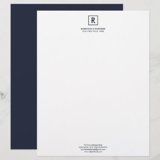 Minimalist Initial in Square Frame in Dark Blue Custom Letterhead