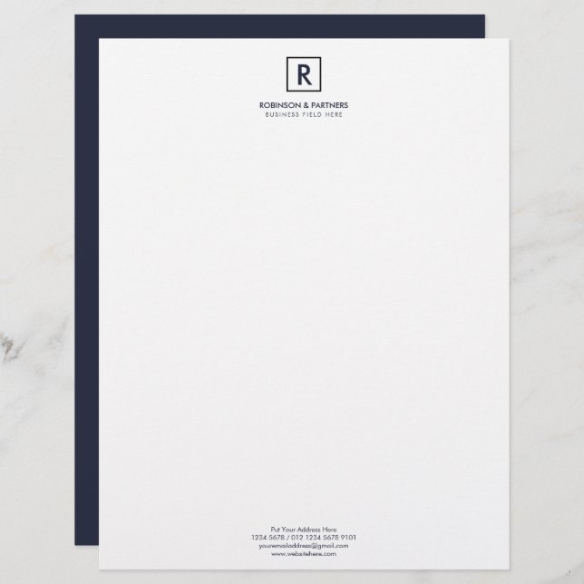 Minimalist Initial in Square Frame in Dark Blue Custom Letterhead (Front/Back)