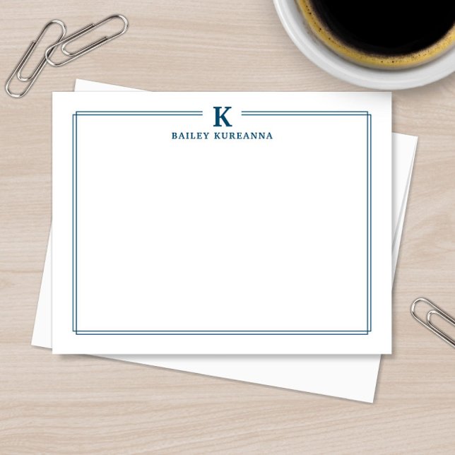 Minimalist Initial Navy Blue Two Border Stationery Card (Creator Uploaded)