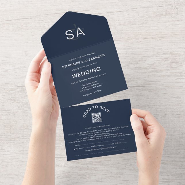Minimalist Initials QR Code Navy Blue Wedding All In One Invitation (Tearaway)