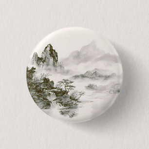 Minimalist Ink Misty Zen Mountain Landscape 3 Cm Round Badge