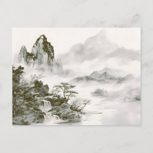 Minimalist Ink Misty Zen Mountain Landscape Announcement Postcard