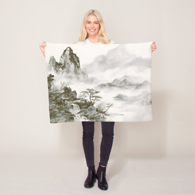 Minimalist Ink Misty Zen Mountain Landscape Fleece Blanket (In Situ)
