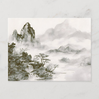 Minimalist Ink Misty Zen Mountain Landscape Holiday Postcard