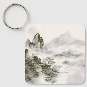 Minimalist Ink Misty Zen Mountain Landscape Key Ring