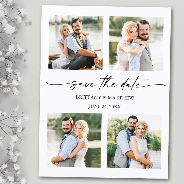 Minimalist Ink Pen Script 4 Photos Save The Date Postcard (Customize to change your personalized text size or text style.)