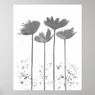 Minimalist Ink Watercolor Floral Flowers Black Art Poster