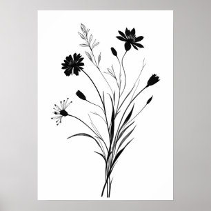 Minimalist Ink Wildflowers black and white flower  Poster