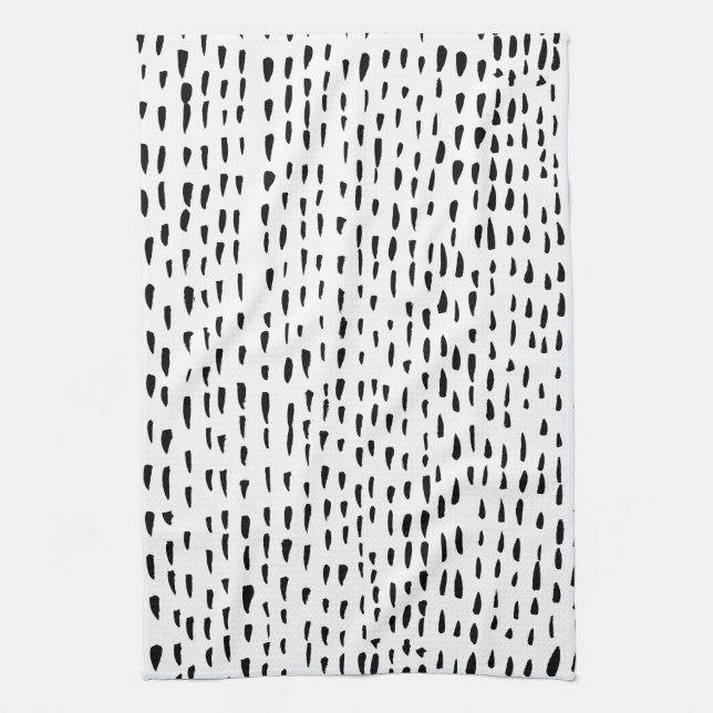 Minimalist inky dots dashes black white tea towel (Vertical)