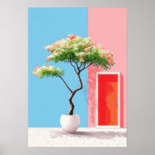 Minimalist Italian courtyard with blooming tree Poster
