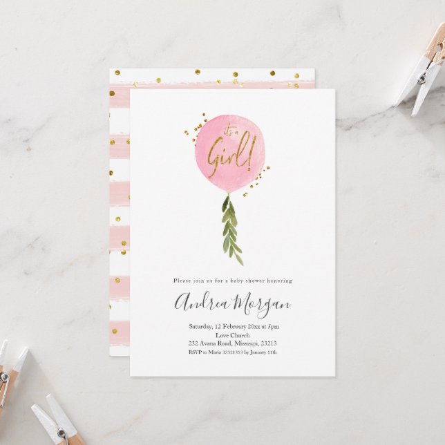Minimalist It's a girl pink Ballon baby shower Invitation (Front/Back In Situ)