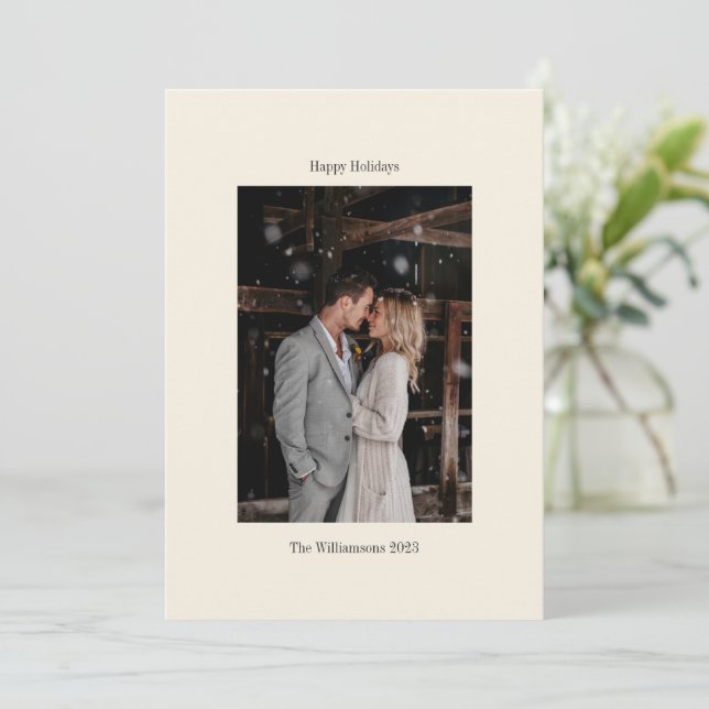 Minimalist Ivory Ecru Elegant Wedding Custom Photo Holiday Card (Standing Front)