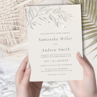 Minimalist Ivory Faux Blind Embossed Botanical  In Invitation