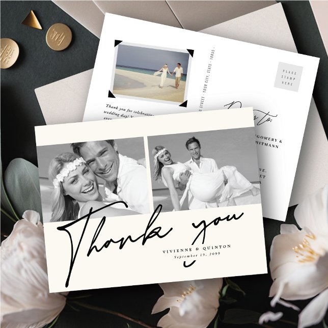 Minimalist Ivory Frame 2 Photo Wedding Thank You Postcard (Minimalist Ivory Frame 2 Photo Wedding Thank You Handwriting Script Postcard @ fatfatin_blue_knot)